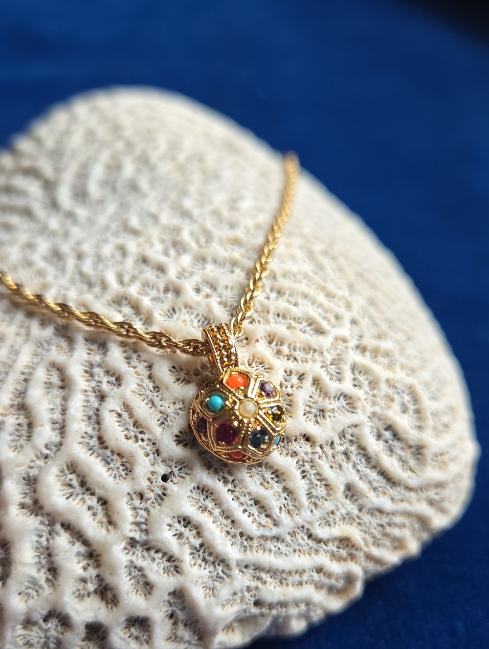 Vintage D'Orlan Buried Treasure Multi Gem 22k Gold Plated 18" Orb Necklace